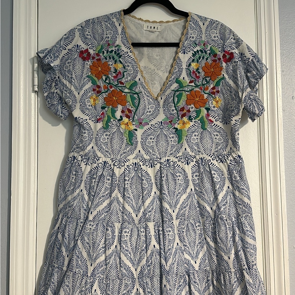 THML Blue and White Embroidered Mini Dress